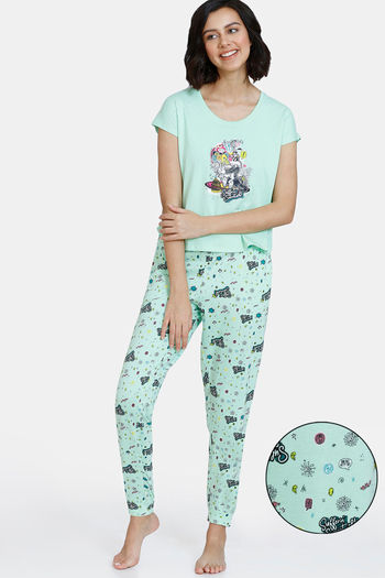 Buy Zivame Looney Tunes - Doodletastic Knit Cotton Pyjama Set - Green Ash